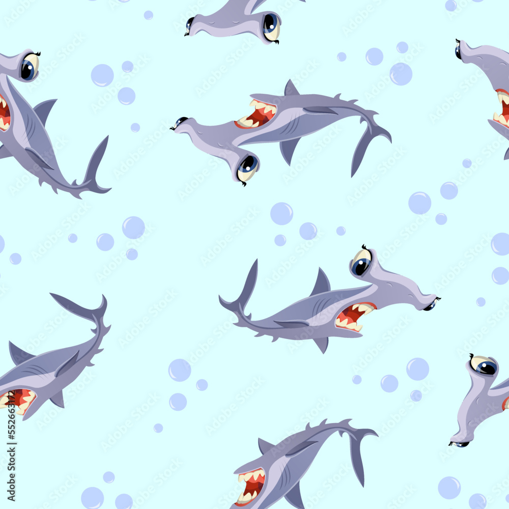 Obraz premium Pattern of sharks in cartoon style on a light pink background for print and design. Vector illustration.
