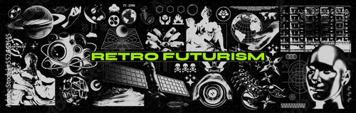Retro futuristic grunge elements for design. Abstract 3D figures, space satellites, surveillance cameras. Set of threshold elements. Blanks for a poster, banner, business card, sticker photo