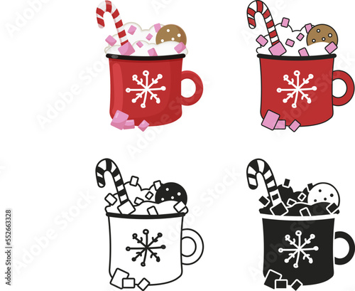cartoon cup of hot chocolate with marshmallow, biscuit and candy illustration in flat style, line art, silhouette and doodle icons