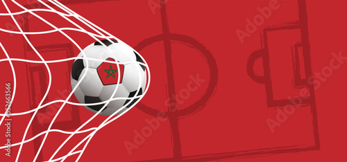 Football with the flag of Morocco on green soccer grass field. Vector background banner. Sport finale or school, sports game cup. Summer, spring time, Street ball games. wk, ek competition 2022, 2023