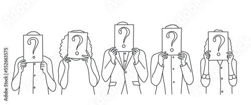 People holding speech bubble with question mark symbol.