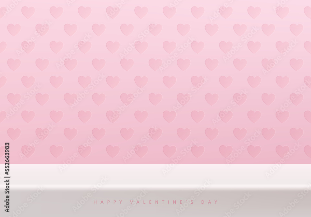 Valentines 3D background with pastel pink heart pattern wall scene. White stand podium or desk table for mockup product display presentation. Minimal wall scene. Vector rendering geometric forms. Valentines 3D background with pastel pink heart pattern wall scene. White stand podium or desk table for mockup product display presentation. Minimal wall scene. Vector rendering geometric forms.