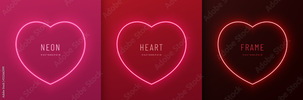 Set of neon light heart shape frame design on red, pink, black background. Elements valentine day festival design. Collection of geometric backdrop for product display in top view scene. Vector EPS10. - obrazy, fototapety, plakaty 