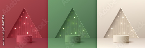 Set of 3D abstract with red, cream, green realistic cylinder podium. Neon light bulb in triangle window background. Mockup product display. Mery christmas, New year minimal wall scene. Stage showcase.