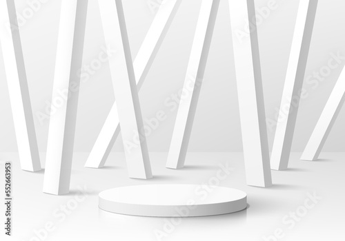 Abstract 3D realistic white, gray cylinder pedestal podium with overlap vertical cube pillars background. Minimal wall scene for mockup product display. Vector geometric forms. Round stage showcase.