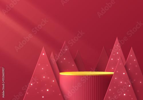 Abstract realistic 3D red, golden cylinder stand podium with modern christmas tree and light neon bulb decorate. Merry christmas and happy new year minimal wall scene for product display presentation.