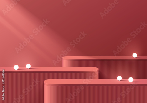 Abstract 3D christmas background with realistic red round stand product podium and ball neon light. New year minimal wall scene mockup display. Vector geometric forms. Merry christmas stage showcase.