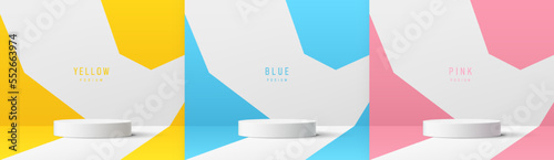 Set of white realistic 3d cylinder pedestal podium with pastel yellow, blue and pink in geometric backdrop. Abstract vector rendering platform. Mockup product display presentation. Minimal wall scene.