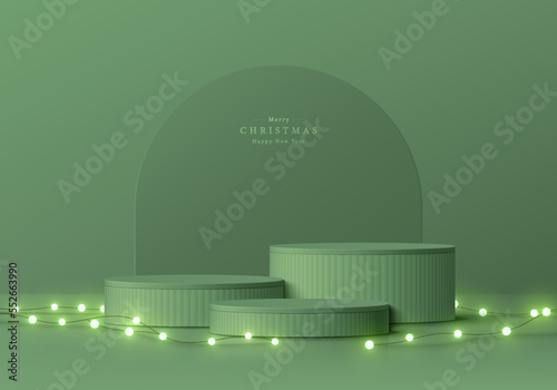 Abstract 3D christmas background with realistic green cylinder pedestal podium, Neon bulb light decorate. New year minimal wall scene mockup product display. Vector geometric forms. Stage showcase.