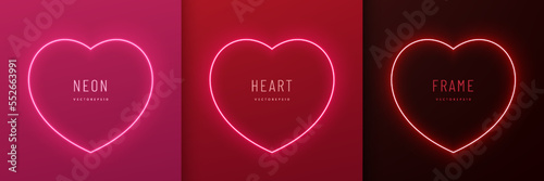 Fototapeta Set of neon light heart shape frame design on red, pink, black background