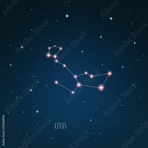 Constellation Cetus scheme in starry sky. Open space. Vector illustration Cetus, constellation through a telescope