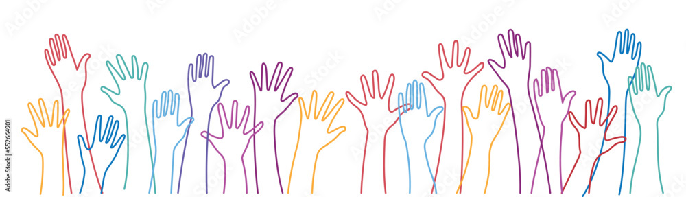 Multi-ethnic and diverse hands raised up.