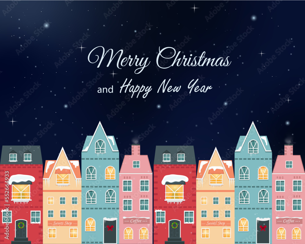 Postcard with the image of Scandinavian houses. Merry Christmas and Happy New Year. Christmas night