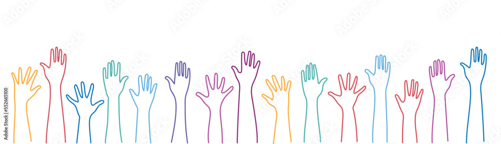Hands raised up. Group of diverse human arms. Hands raised up. Group of diverse human arms.