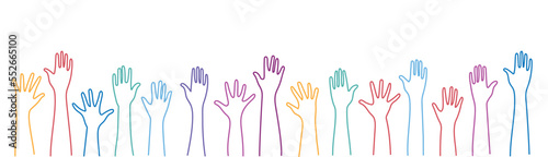 Hands raised up. Group of diverse human arms.