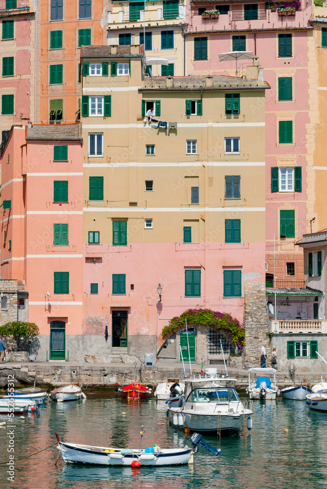 Colored houses in the harbor of Camogli, small town in Liguria, northern Italy