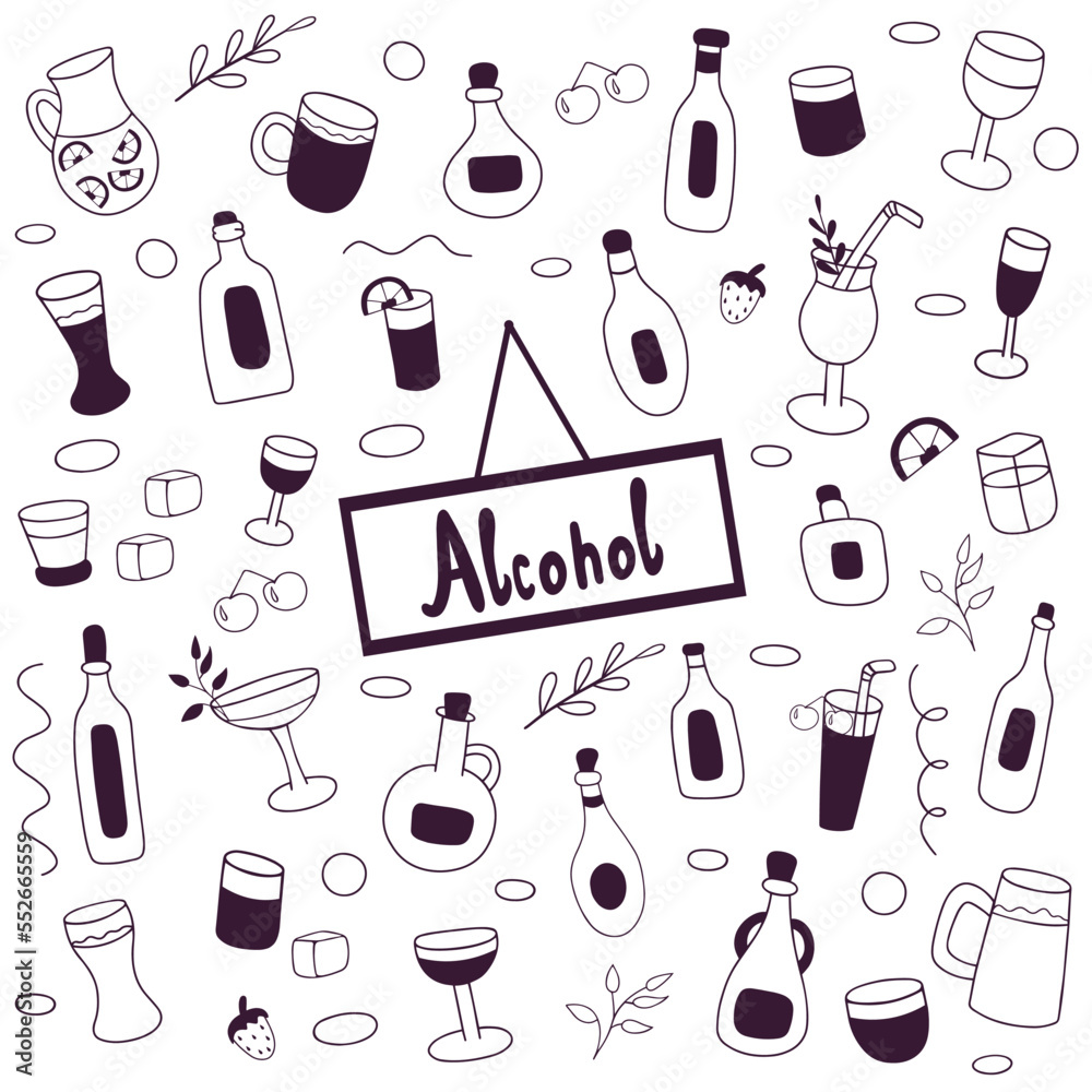Alcohol doodle set. Collection of hand drawn sketches templates of ...