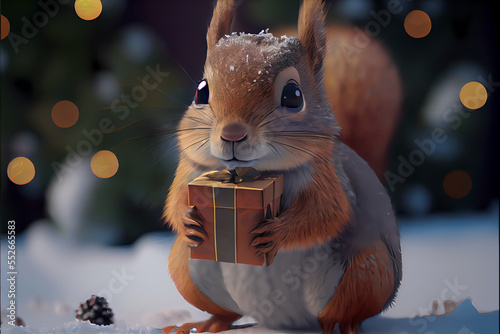 A little squirrel opening a gift at a snowy park