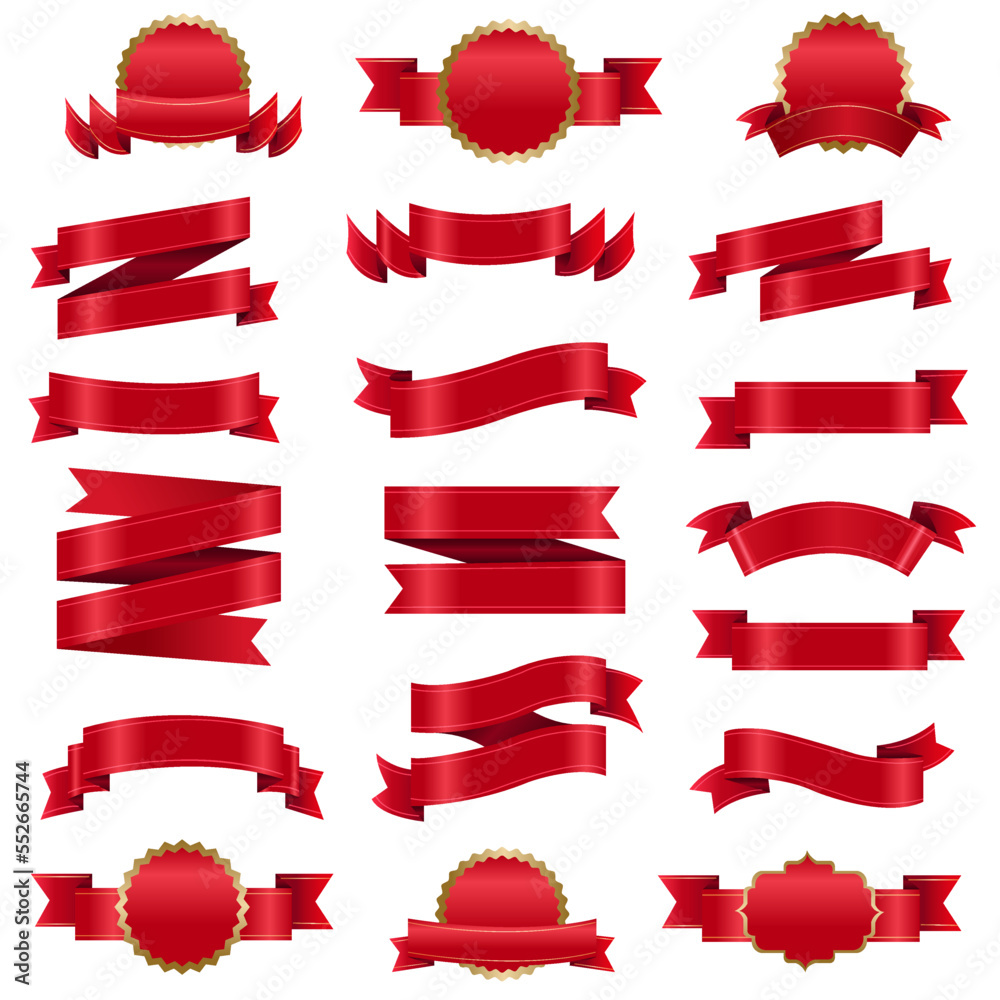 Big Set Red Ribbon And Isolated White Background