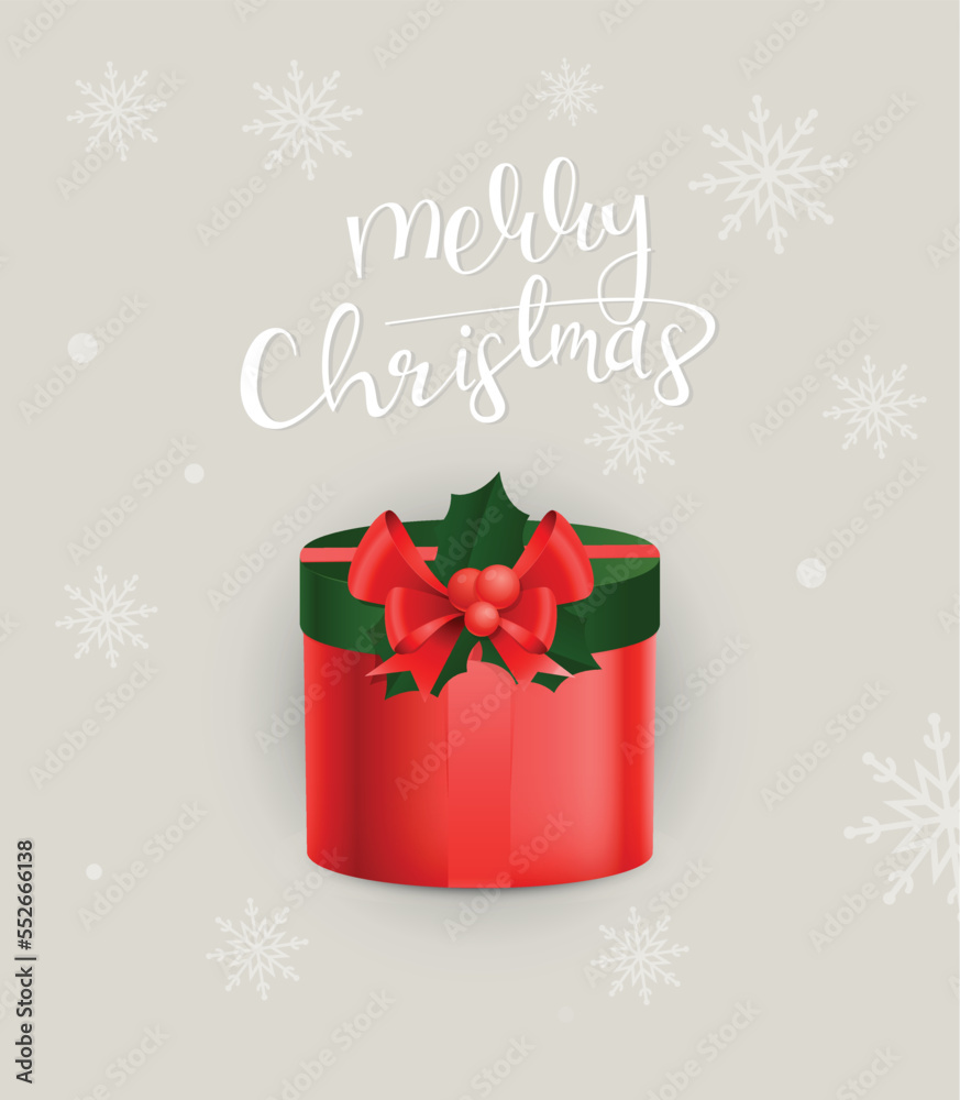 Merry Christmas greeting card with a shiny red gift box and vintage ornament snowflakes. Vector Illustration.