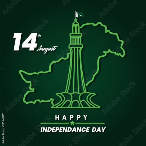 14 August Pakistan Independence Day. Map and Minar-e-Pakistan line art.