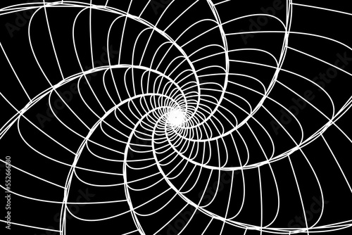 Abstract wireframe tunnel. The white line rotates flower on the black background. Vector illustration.