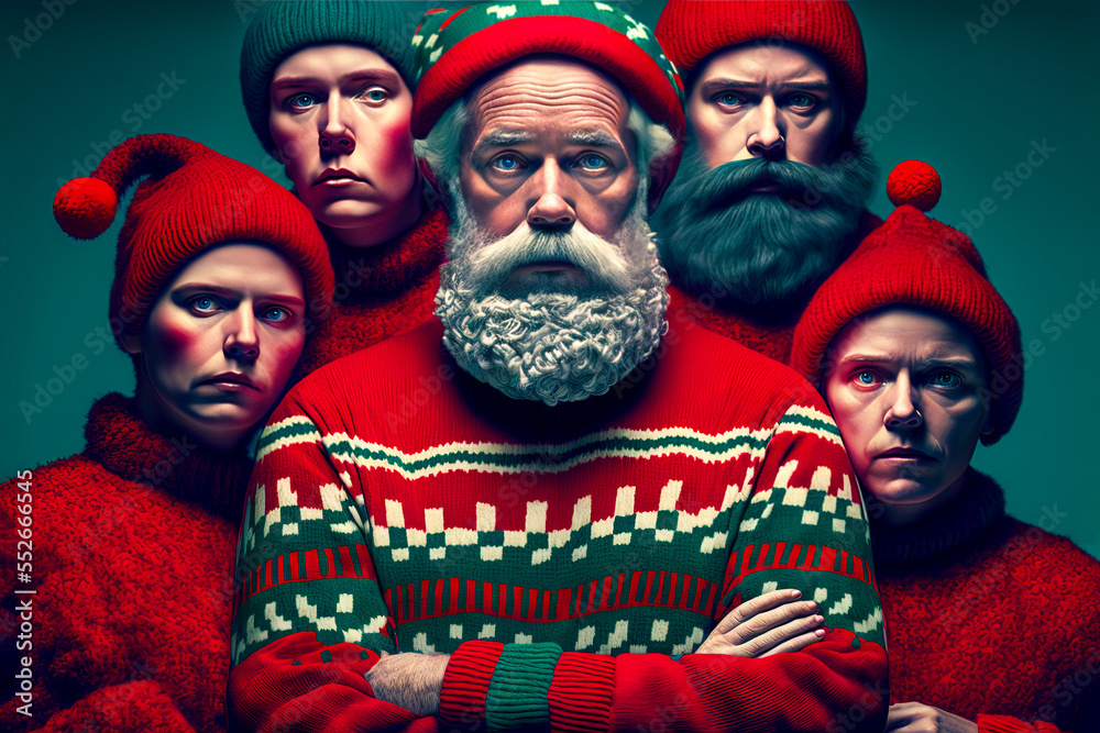Santa wearing a Christmas sweater surrounded by elfs -Generative ai