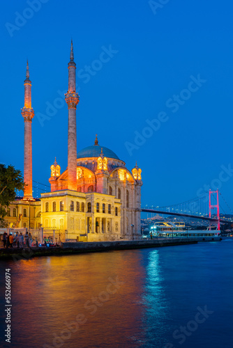 Beautiful ortakoy mosque and Istanbul bosphorus bridge at twilight in Istanbul, Turkey.