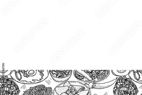 Vector food menu template, Latin american cuisine. Hand drawn black and white vintage sketchs of Mexican food.