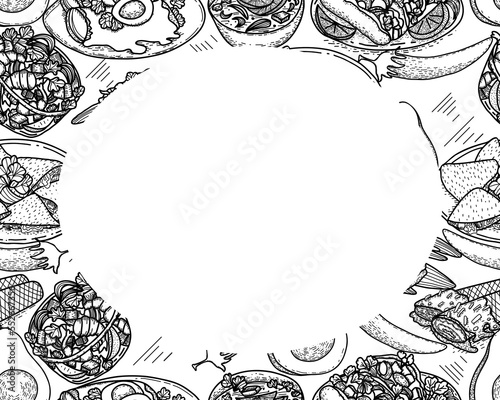Vector food menu template, Latin american cuisine. Hand drawn black and white vintage sketchs of Mexican food.