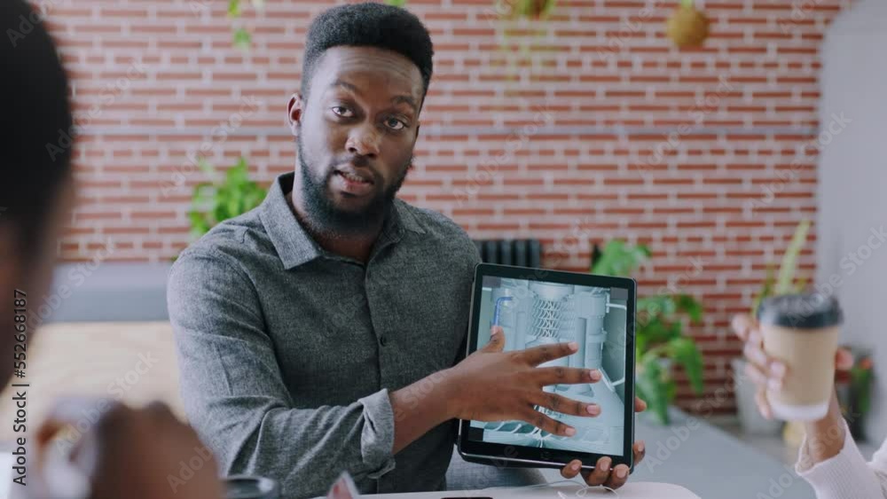 Black man, tablet or engineering presentation in modern office for air vent product, climate change solution or prototype innovation. Talking, creative designer or women with future technology ideas