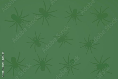 Black spiders on a green background, gradient background and silhouettes of spiders, festive scary background, frightening decoration for Halloween, paper crafts gifts, material for needlework