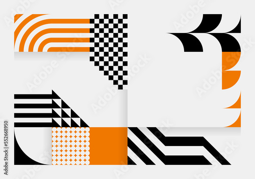 Simple background in Bauhaus style. Abstract geometric patterns in white, black and orange. Template design for posters, banners, websites. Vector illustration.