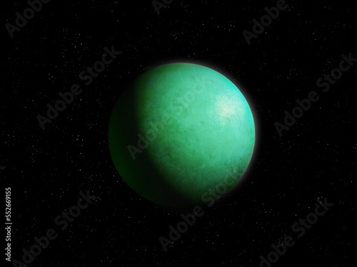 Exoplanet from another star system in green tones. Realistic alien planet in space. Beautiful sci-fi background.