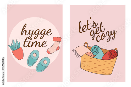 Cosy home element card collection. Concept of comfort and coziness. Scandinavian hygge style. Card, banner, poster