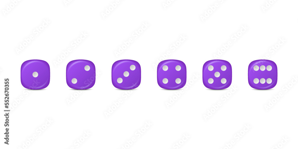Vector 3d Realistic Purple Game Dice Icon Set Closeup Isolated. Game Cubes for Gambling, Casino Dices From One to Six Dots, Round Edges Vector 3d Realistic Purple Game Dice Icon Set Closeup Isolated. Game Cubes for Gambling, Casino Dices From One to Six Dots, Round Edges