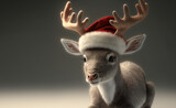 Realistic christmas reindeer wearing a father christmas red hat. Generative ai