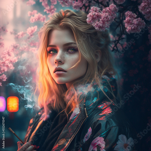 Beautiful girl, golden hair with a cigarette, against the background of sakura flowers. © Natalya