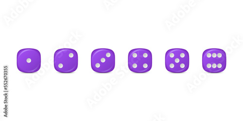 Vector 3d Realistic Purple Game Dice Icon Set Closeup Isolated. Game Cubes for Gambling, Casino Dices From One to Six Dots, Round Edges
