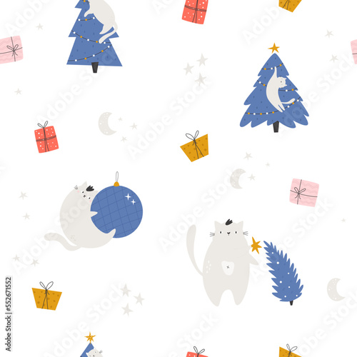 Seamless pattern with funny holiday cats, decorations, Christmas trees, gifr boxes