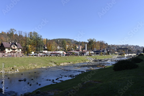 Potok Grajcarek, Szczawnica, deptak miejski, Pieniny, promenada, rzeka, 