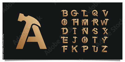 Set creative initial letter with hammer logo design unique concept Premium Vector