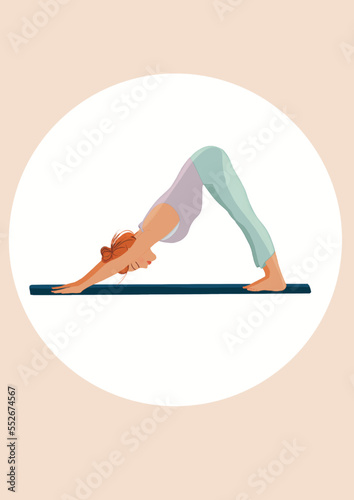 illustration of a woman doing yoga. Head down dog posture. Flat Style Vector