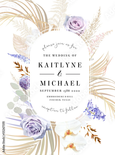 Modern beige and violet trendy vector design frame. Pastel dried pampas grass, magnolia