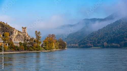 Danube river misty mountains