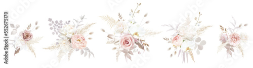 Boho beige and blush trendy vector design bouquets. Pastel pampas grass, ivory peony