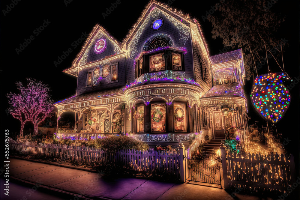 Fototapeta premium generative ai illustration of a wonderful not real existing house decorated with a lot of colorful fairy lights and christmas decoration