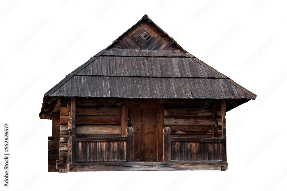 Old traditional wooden house. Isolated on a white background. log cabin Old traditional wooden house. Isolated on a white background. log cabin