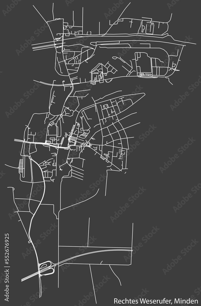 Detailed negative navigation white lines urban street roads map of the RECHTES WESERUFER QUARTER of the German town of MINDEN, Germany on dark gray background