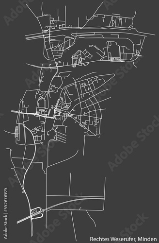 Detailed negative navigation white lines urban street roads map of the RECHTES WESERUFER QUARTER of the German town of MINDEN  Germany on dark gray background